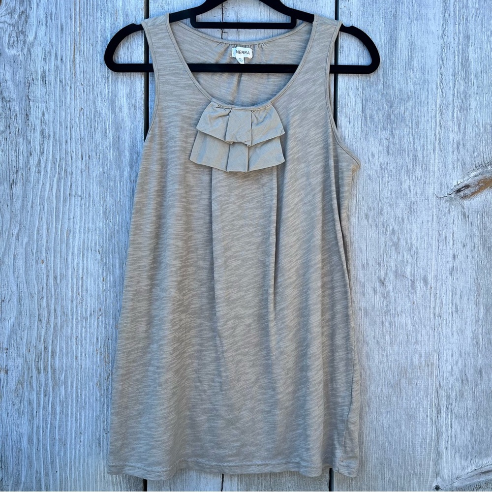 GENERRA taupe tan sleeveless ruffle bust brooch sleeveless tank top blouse